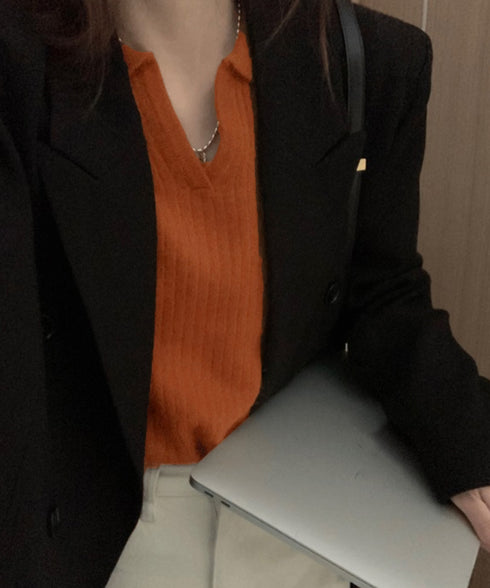 スキッパーニット韓国風リブニットトップス 暖かい Vネックニットレディースきれいめ おしゃれニット長袖 リブセーターオフィスカジュアル 洗えるニットチクチクしない 6ZMREN-008