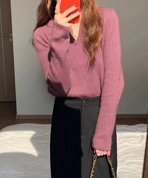 スキッパーニット韓国風リブニットトップス 暖かい Vネックニットレディースきれいめ おしゃれニット長袖 リブセーターオフィスカジュアル 洗えるニットチクチクしない 6ZMREN-008