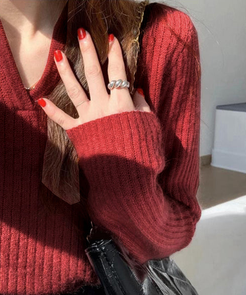 スキッパーニット韓国風リブニットトップス 暖かい Vネックニットレディースきれいめ おしゃれニット長袖 リブセーターオフィスカジュアル 洗えるニットチクチクしない 6ZMREN-008