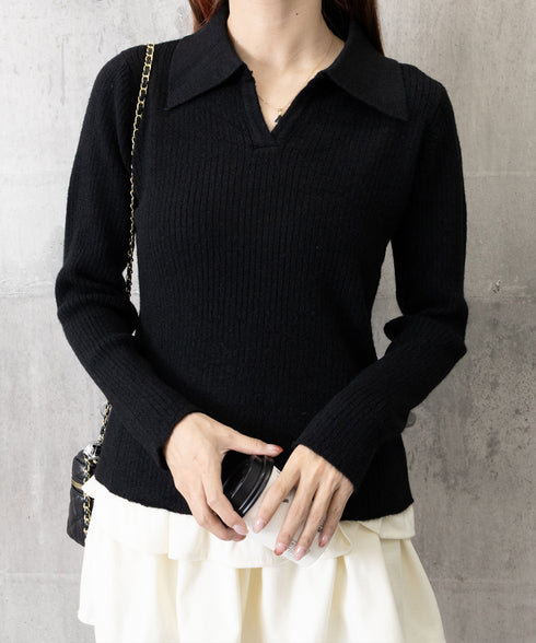 スキッパーニット韓国風リブニットトップス 暖かい Vネックニットレディースきれいめ おしゃれニット長袖 リブセーターオフィスカジュアル 洗えるニットチクチクしない 6ZMREN-008