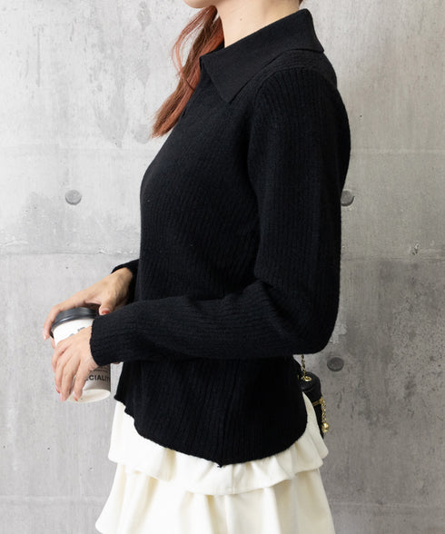 スキッパーニット韓国風リブニットトップス 暖かい Vネックニットレディースきれいめ おしゃれニット長袖 リブセーターオフィスカジュアル 洗えるニットチクチクしない 6ZMREN-008