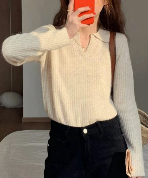 スキッパーニット韓国風リブニットトップス 暖かい Vネックニットレディースきれいめ おしゃれニット長袖 リブセーターオフィスカジュアル 洗えるニットチクチクしない 6ZMREN-008