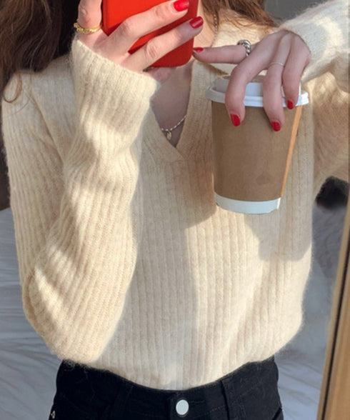 スキッパーニット韓国風リブニットトップス 暖かい Vネックニットレディースきれいめ おしゃれニット長袖 リブセーターオフィスカジュアル 洗えるニットチクチクしない 6ZMREN-008