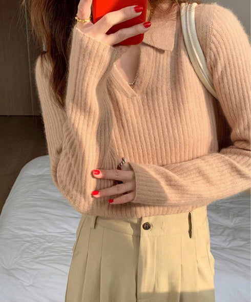 スキッパーニット韓国風リブニットトップス 暖かい Vネックニットレディースきれいめ おしゃれニット長袖 リブセーターオフィスカジュアル 洗えるニットチクチクしない 6ZMREN-008