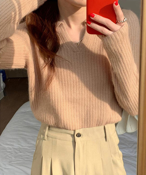 スキッパーニット韓国風リブニットトップス 暖かい Vネックニットレディースきれいめ おしゃれニット長袖 リブセーターオフィスカジュアル 洗えるニットチクチクしない 6ZMREN-008