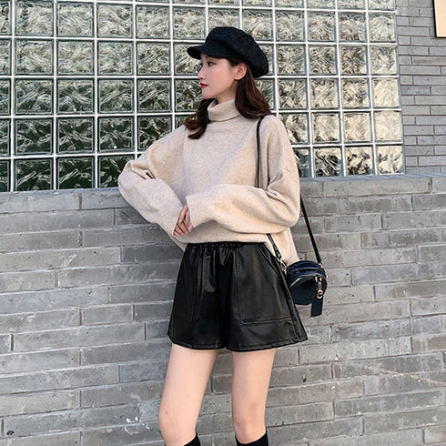 ハイウエスト ショートパンツ レディース フェイクレザー 短パン キュロットパンツ 裾広 美脚 ボトムス 韓国ファッション 秋冬 PUレザー ショートパンツ 6ZYFEN-001