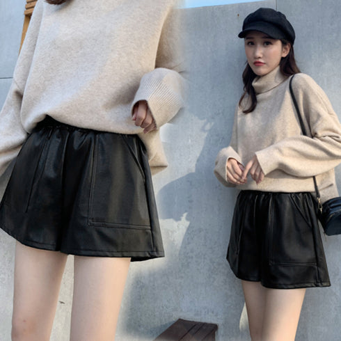 ハイウエスト ショートパンツ レディース フェイクレザー 短パン キュロットパンツ 裾広 美脚 ボトムス 韓国ファッション 秋冬 PUレザー ショートパンツ 6ZYFEN-001