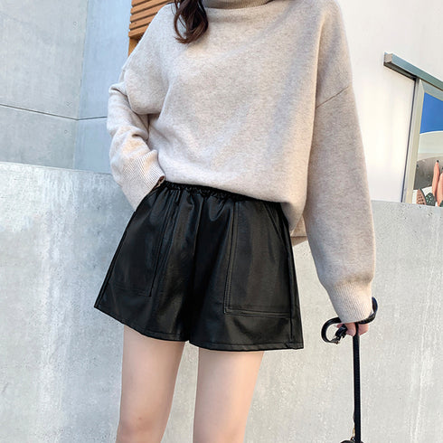 ハイウエスト ショートパンツ レディース フェイクレザー 短パン キュロットパンツ 裾広 美脚 ボトムス 韓国ファッション 秋冬 PUレザー ショートパンツ 6ZYFEN-001