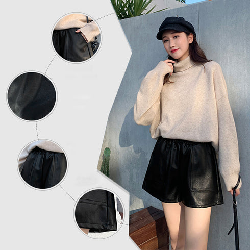 ハイウエスト ショートパンツ レディース フェイクレザー 短パン キュロットパンツ 裾広 美脚 ボトムス 韓国ファッション 秋冬 PUレザー ショートパンツ 6ZYFEN-001