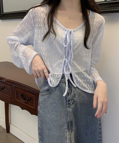 透かし編み シアーカーディガン 長袖夏服 ショート丈トップス レディース フロントリボン サマートップス 透け感 UV対策 韓国ファッション 通学通勤 無地カーデ 77ANMN-001