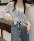 透かし編み シアーカーディガン 長袖夏服 ショート丈トップス レディース フロントリボン サマートップス 透け感 UV対策 韓国ファッション 通学通勤 無地カーデ 77ANMN-001