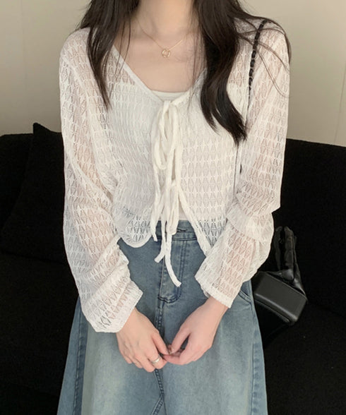 透かし編み シアーカーディガン 長袖夏服 ショート丈トップス レディース フロントリボン サマートップス 透け感 UV対策 韓国ファッション 通学通勤 無地カーデ 77ANMN-001