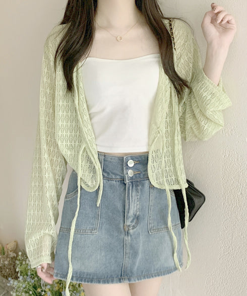 透かし編み シアーカーディガン 長袖夏服 ショート丈トップス レディース フロントリボン サマートップス 透け感 UV対策 韓国ファッション 通学通勤 無地カーデ 77ANMN-001