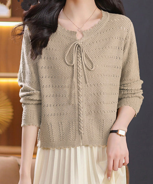 ニットトップス リボンレースアップ春秋 レディース 肌見せニット 長袖 ラウンドネック 無地 ニットセーター 通勤 透かし編みニット フェミニン 着回しトップス 77BAW-001