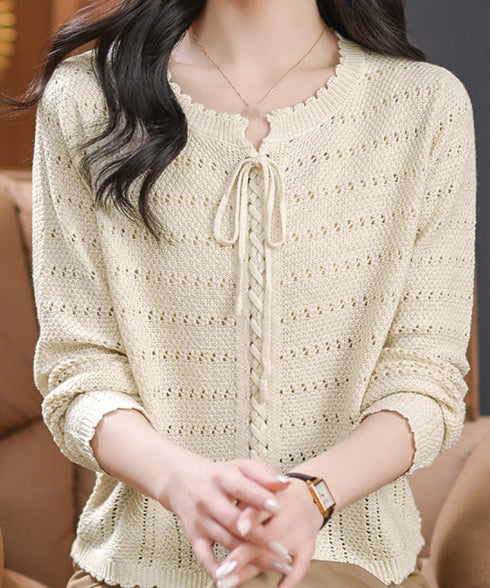 ニットトップス リボンレースアップ春秋 レディース 肌見せニット 長袖 ラウンドネック 無地 ニットセーター 通勤 透かし編みニット フェミニン 着回しトップス 77BAW-001