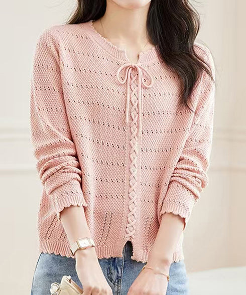 ニットトップス リボンレースアップ春秋 レディース 肌見せニット 長袖 ラウンドネック 無地 ニットセーター 通勤 透かし編みニット フェミニン 着回しトップス 77BAW-001