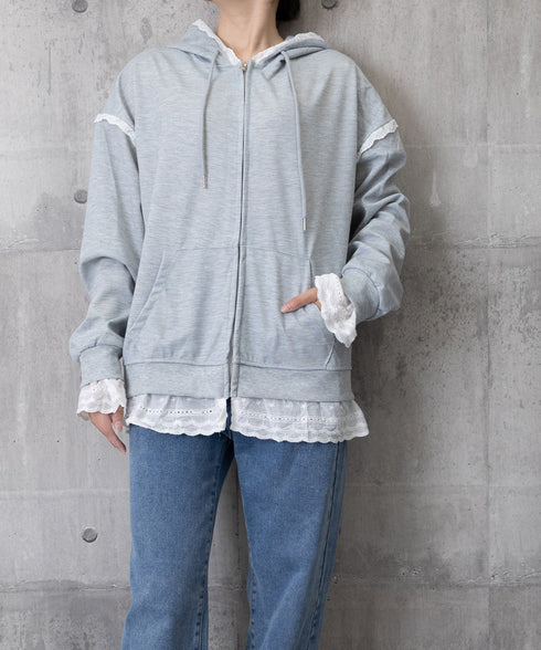 パーカー レース切り替え 韓国風 ZIP ジップアップパーカー 裾レース スウェットパーカー 薄手 フード付き 羽織り 大人可愛い ゆったりトップス カジュアル服 77DAILAN-001