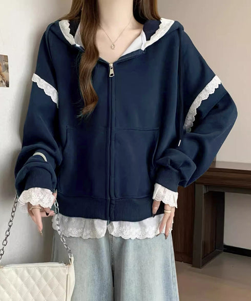 パーカー レース切り替え 韓国風 ZIP ジップアップパーカー 裾レース スウェットパーカー 薄手 フード付き 羽織り 大人可愛い ゆったりトップス カジュアル服 77DAILAN-001