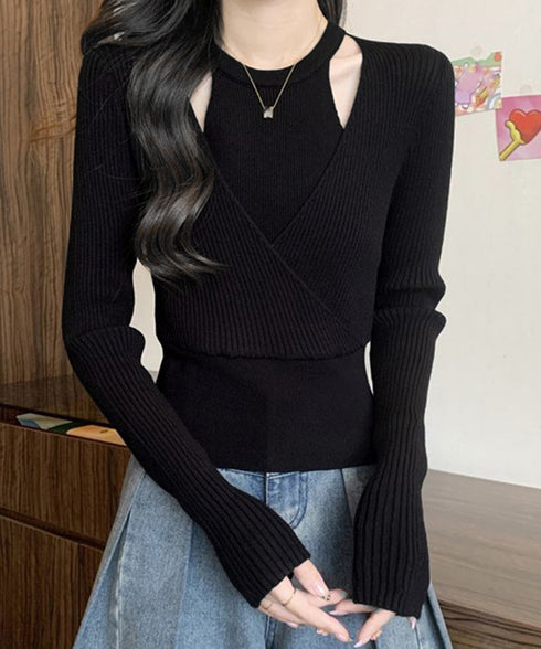 ニットトップス 長袖 レイヤード風 秋冬 ニットウェア クロスデザイン リブニット ショート丈 着やせ服 ニットインナー 無地 韓国ファッション ニットセーター 77GEYI-001