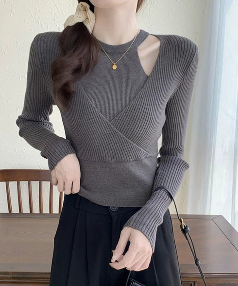 ニットトップス 長袖 レイヤード風 秋冬 ニットウェア クロスデザイン リブニット ショート丈 着やせ服 ニットインナー 無地 韓国ファッション ニットセーター 77GEYI-001