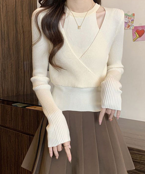 ニットトップス 長袖 レイヤード風 秋冬 ニットウェア クロスデザイン リブニット ショート丈 着やせ服 ニットインナー 無地 韓国ファッション ニットセーター 77GEYI-001