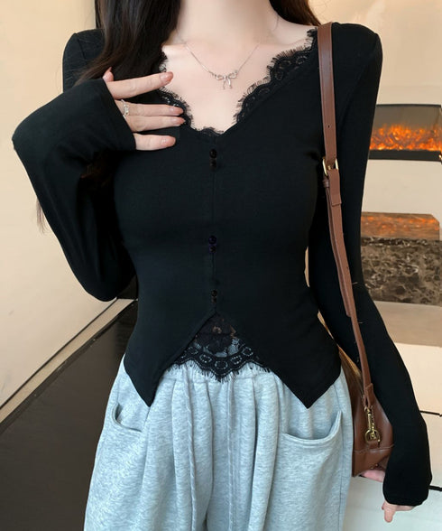 カットソー レース切り替え 長袖Tシャツ トップス Vネック セクシー 細見えtシャツ カジュアル 韓国風 インナートップス 大人可愛い プルオーバー キレイめ服 77HANP-001