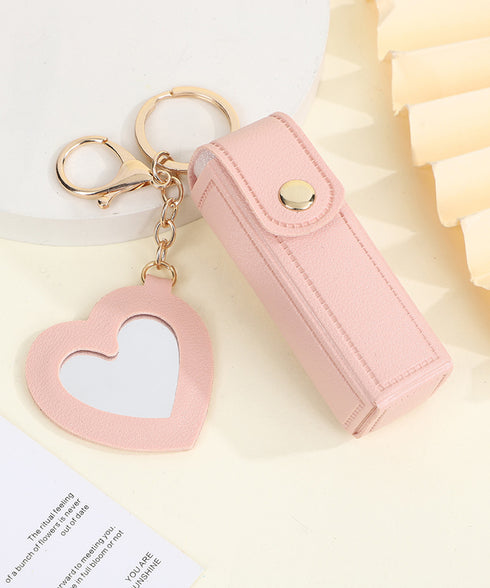 リップケース ミラー付き バッグチャーム リップホルダー PUレザー リップ収納 キーホルダー 可愛い 鍵アクセサリー 韓国風 ハート型ミラー 雑貨 小さいケース 77KS-001