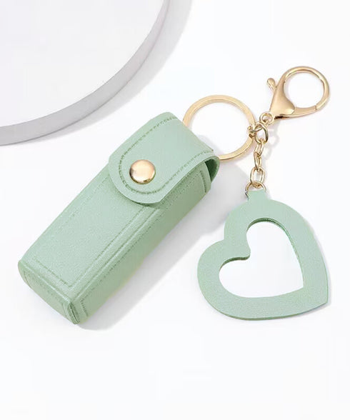 リップケース ミラー付き バッグチャーム リップホルダー PUレザー リップ収納 キーホルダー 可愛い 鍵アクセサリー 韓国風 ハート型ミラー 雑貨 小さいケース 77KS-001