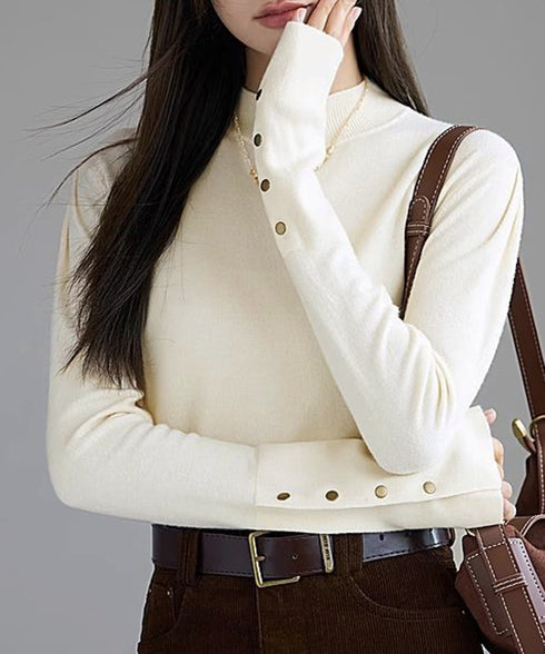 ニットトップス 長袖 ハイネック 重ね着 レディース リブニット キレイめ 袖ボタントップス 着回し 大人可愛い ニットウェア 韓国風 セーター 春秋冬 通勤通学 77LESIYU-001