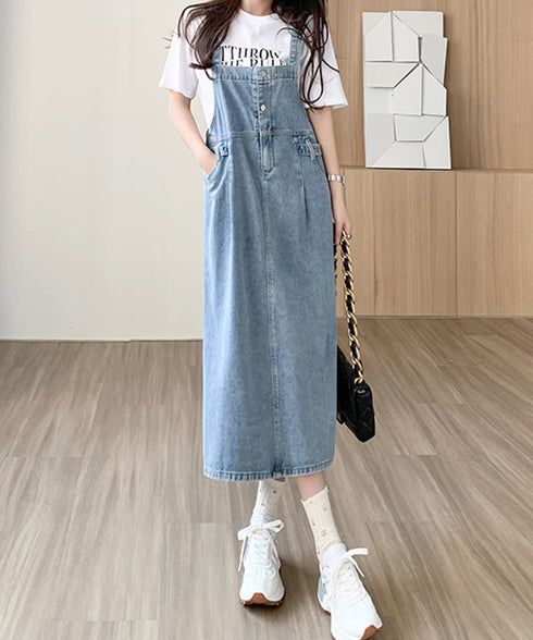 サロペット デニムワンピース 体型カバー オールインワン スリット入り ゆったり オーバーオール 韓国風 ロングワンピース ポケット付き 大人カジュアル服 重ね着 77LPW-003