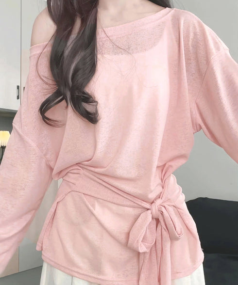 シアートップス ボートネック カットソー 長袖Tシャツ ウエストリボン 透け感 韓国ファッション 大人可愛いプルオーバー オフショルダー ゆったり 着回しtシャツ 77MYZ-001