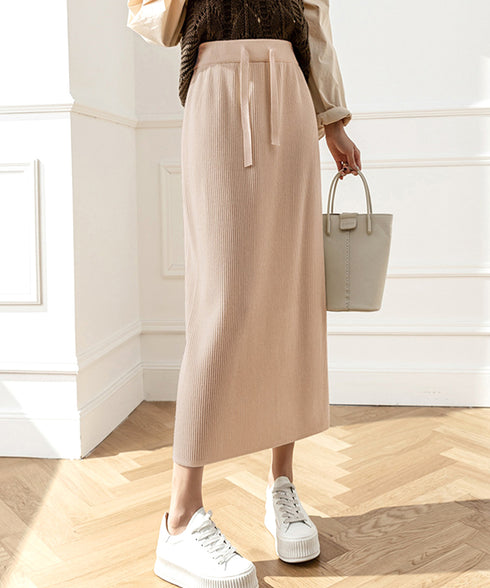 ロングスカート ミモレ丈 秋冬服 韓国風 レディースニットスカート 無地 オフィスカジュアル リブニット 伸縮性 着やせ ウエストゴム タイトスカート ベーシック 77RR-001