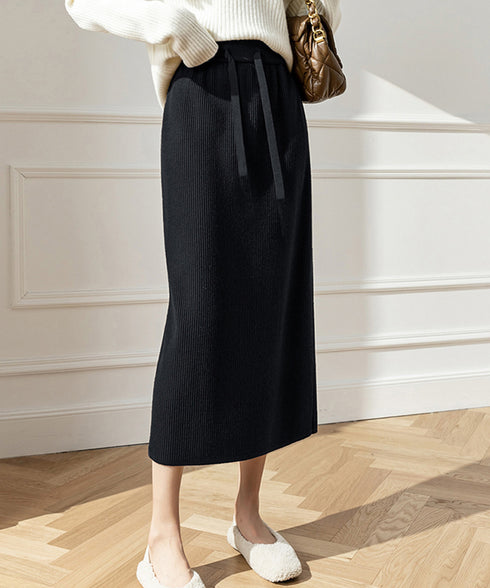 ロングスカート ミモレ丈 秋冬服 韓国風 レディースニットスカート 無地 オフィスカジュアル リブニット 伸縮性 着やせ ウエストゴム タイトスカート ベーシック 77RR-001