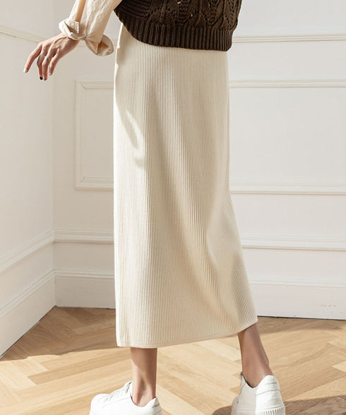 ロングスカート ミモレ丈 秋冬服 韓国風 レディースニットスカート 無地 オフィスカジュアル リブニット 伸縮性 着やせ ウエストゴム タイトスカート ベーシック 77RR-001