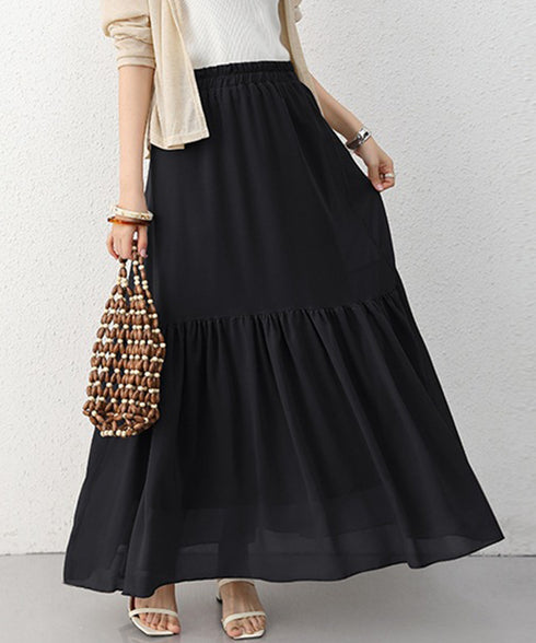 ロングスカート シフォン 裏地付き 春夏 ティアードスカート ウエストゴム 韓国風 フレアスカート フェミニン Aライン マキシスカート ギャザー入り 体型カバー 77RTENG-009