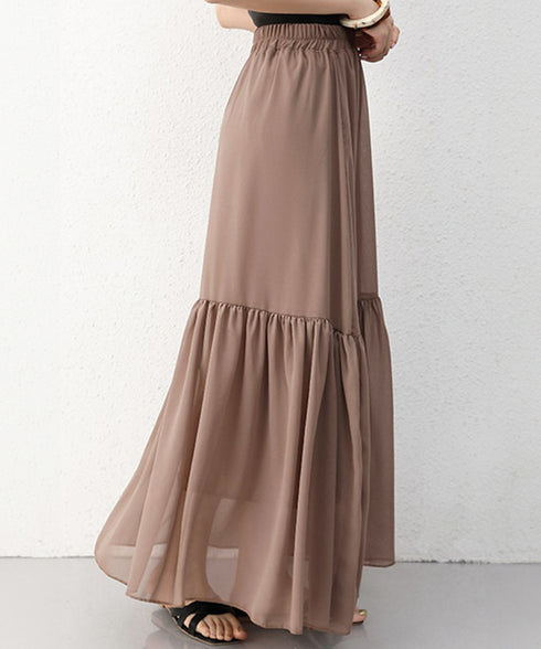 ロングスカート シフォン 裏地付き 春夏 ティアードスカート ウエストゴム 韓国風 フレアスカート フェミニン Aライン マキシスカート ギャザー入り 体型カバー 77RTENG-009