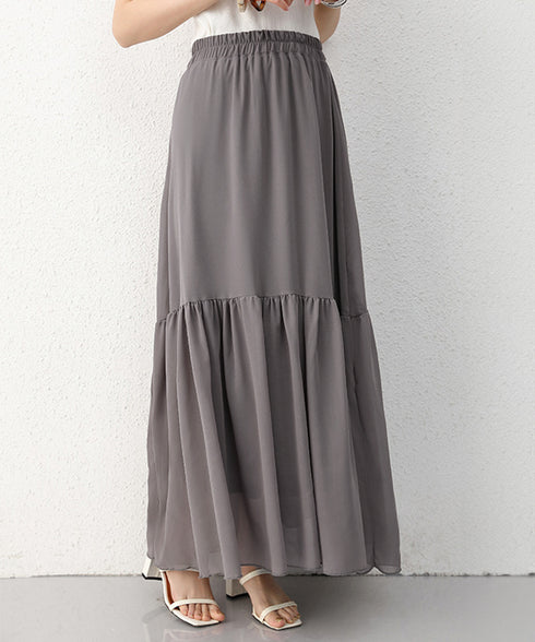 ロングスカート シフォン 裏地付き 春夏 ティアードスカート ウエストゴム 韓国風 フレアスカート フェミニン Aライン マキシスカート ギャザー入り 体型カバー 77RTENG-009
