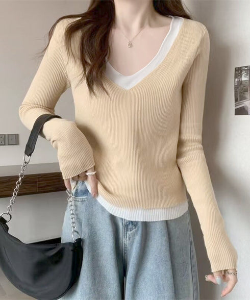 ニットトップス レイヤード風 Vネック服 レディース ニットソー 長袖 重ね着風 プルオーバー 春秋冬 リブニット 可愛い 韓国ファッション ニットウェア 着回し 77SHIN-001