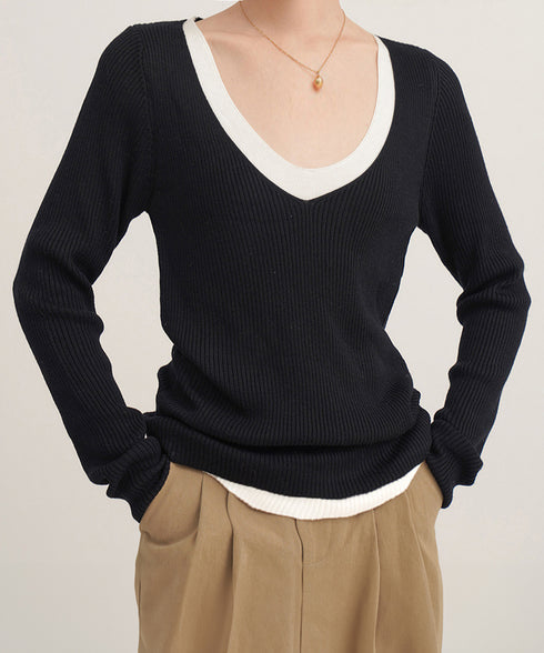 ニットトップス レイヤード風 Vネック服 レディース ニットソー 長袖 重ね着風 プルオーバー 春秋冬 リブニット 可愛い 韓国ファッション ニットウェア 着回し 77SHIN-001