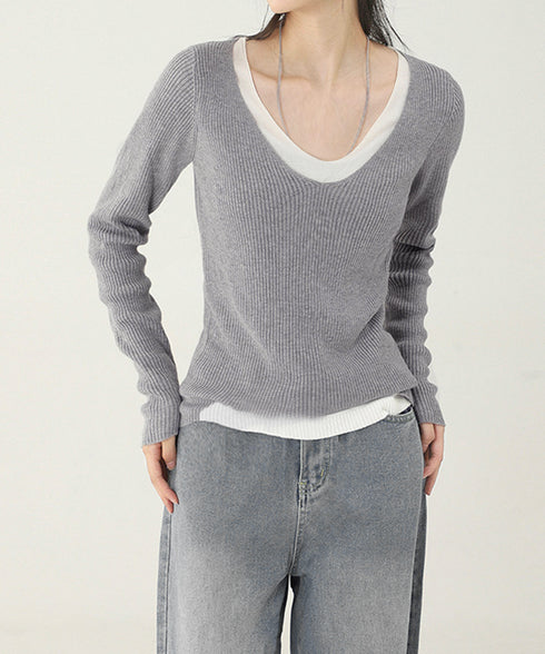 ニットトップス レイヤード風 Vネック服 レディース ニットソー 長袖 重ね着風 プルオーバー 春秋冬 リブニット 可愛い 韓国ファッション ニットウェア 着回し 77SHIN-001