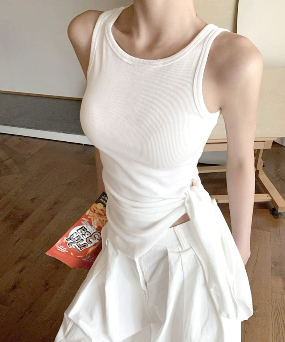 タンクトップ 韓国風 サイドスリット夏服 ホワイト