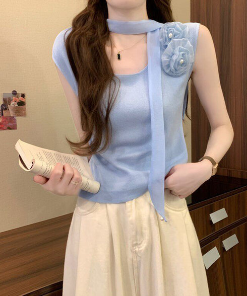 タンクトップ スカーフ コサージュ付き サマーニット フレンチスリーブ ニットトップス 花モチーフ 韓国ファッション 重ね着 通勤通学 リブニット 大人可愛い 77WANGYAO-001