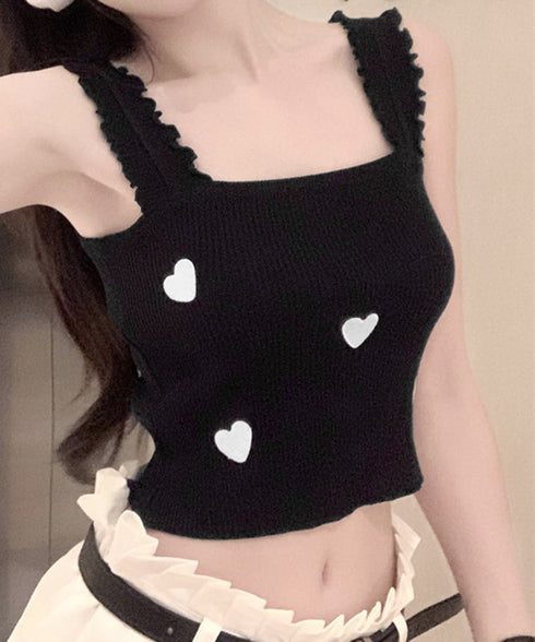 タンクトップ 韓国風夏服 ハート柄キャミ キャミソール レディース サマーニット ショート丈 ノースリーブ 春夏トップス スクエアネック 重ね着インナー オシャレ 77XF-020