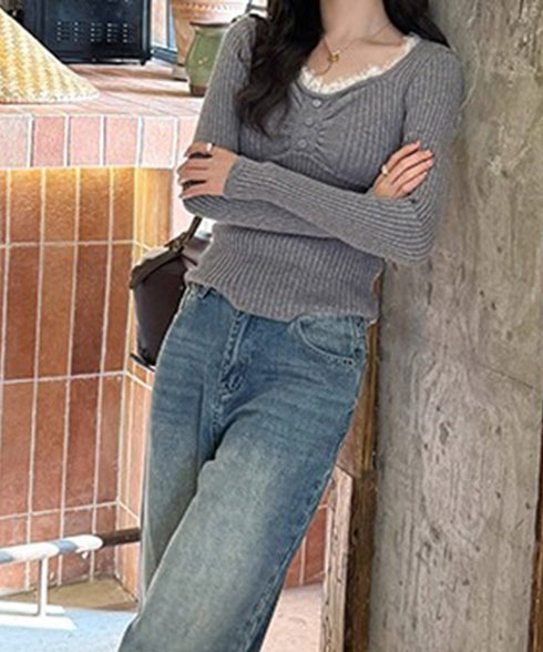 ニットトップス レースネック 長袖 秋冬 リブニット フェミニン 重ね着インナー 大人可愛い ニットカットソー 細見え Uネック 韓国風 無地ニットウェア 着回し 77XIAOHD-010