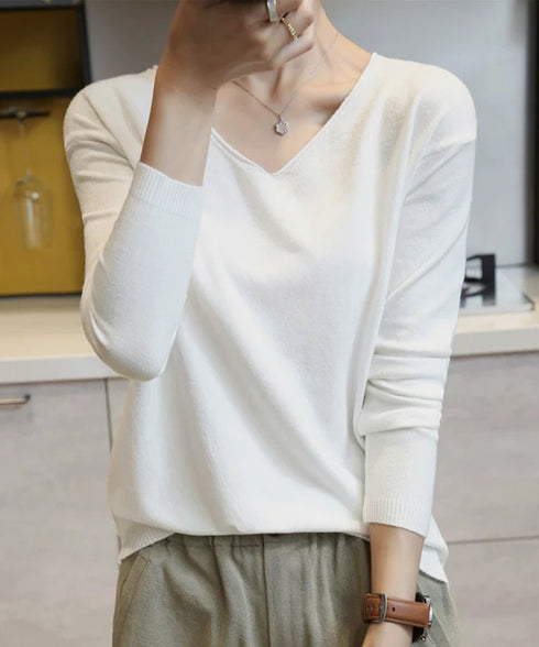 ニットTシャツ Vネック プルオーバー レディース 長袖カットソー 薄手ニットソー 無地 きれいめ 着回しニット シンプル 韓国ファッション 通勤通学 重ね着 77YILUO-001