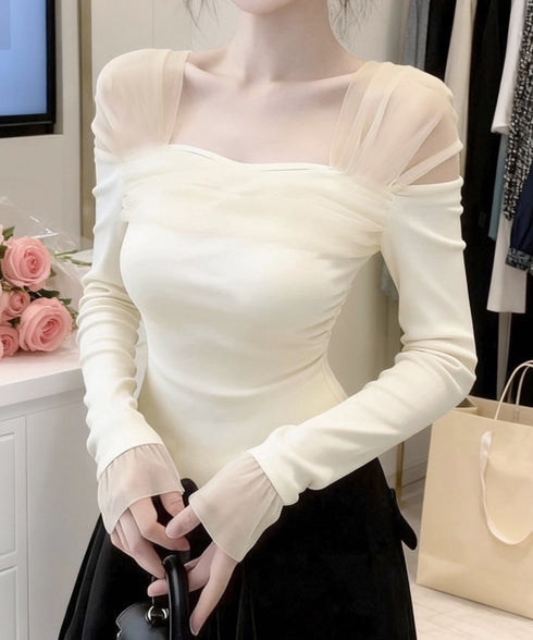カットソー スクエアネック 長袖Tシャツ レディース シアー切り替えトップス シアーメッシュ プルオーバー きれいめ 細見え 韓国ファッション 無地tシャツ 春秋 77YYKA-001