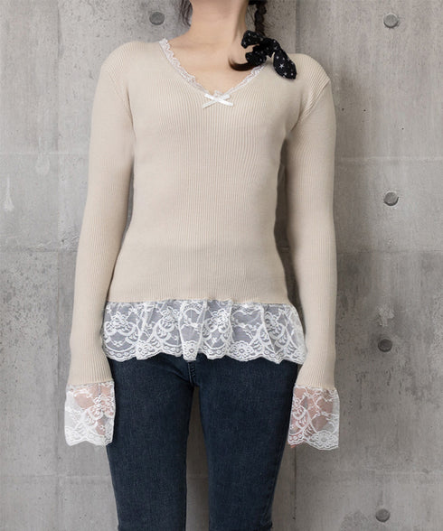 ニットトップス レース切替え Vネック服 レディースニットソー 春秋冬服 ニットウエア 韓国風 ニットインナー オフィスカジュアル フェミニンニット リブトップス 77ZHYI-001