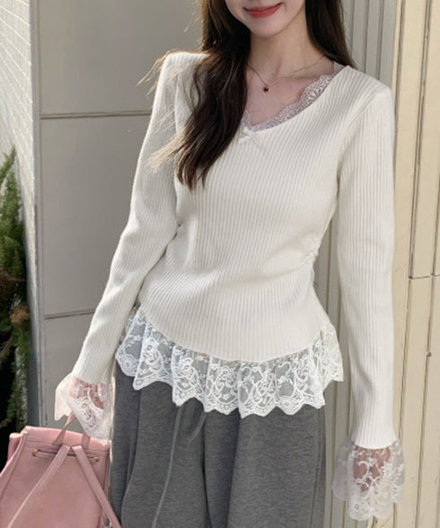 ニットトップス レース切替え Vネック服 レディースニットソー 春秋冬服 ニットウエア 韓国風 ニットインナー オフィスカジュアル フェミニンニット リブトップス 77ZHYI-001