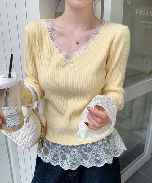 ニットトップス レース切替え Vネック服 レディースニットソー 春秋冬服 ニットウエア 韓国風 ニットインナー オフィスカジュアル フェミニンニット リブトップス 77ZHYI-001