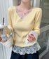 ニットトップス レース切替え Vネック服 レディースニットソー 春秋冬服 ニットウエア 韓国風 ニットインナー オフィスカジュアル フェミニンニット リブトップス 77ZHYI-001
